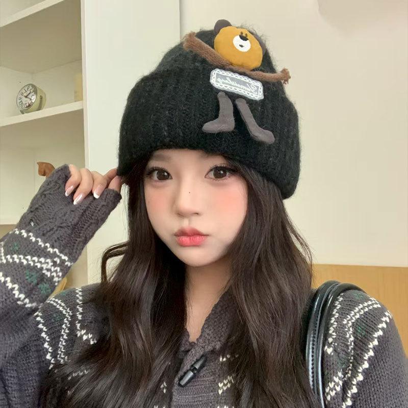 Japanese style Cute Bear Knitted Hat Girls' Autumn and Winter Student Warm Ear Protecting Woolen Hat Headscarf Cold Proof Hat