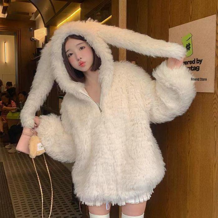 Women's Faux Lamb Wool Fur Coat with Rabbit Ears - Eco-Friendly, Cute, Loose, Thickened, Autumn/Winter 2025 Collection
