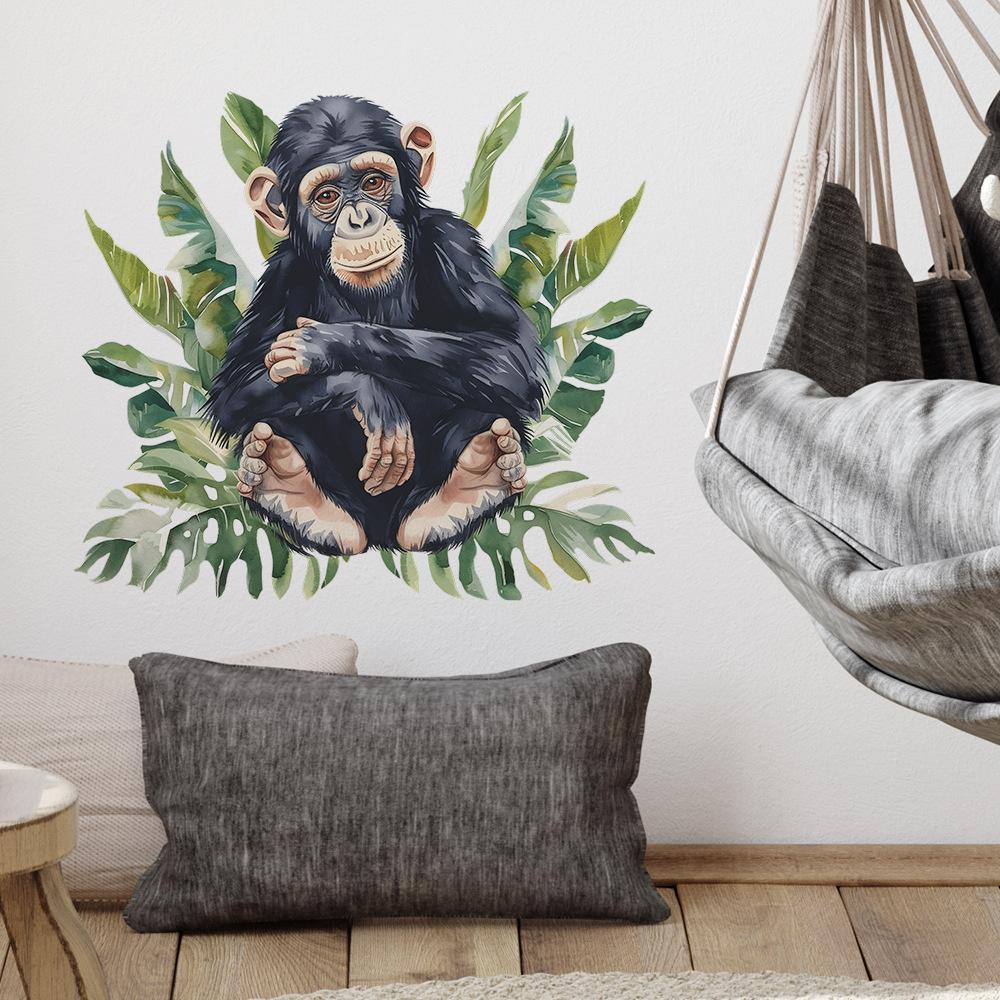 Cartoon Schimpanse Grüne Pflanze Kinder Schlafzimmer Kindergarten Wand Hintergrund Landschaftsbau Wandaufkleber