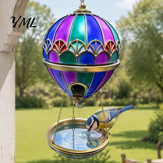 Bird Bath Feeder Hot Air Balloon Feeder, Retro Stained Glass Art with Water Patio Tray, Hanging for Outdoor Garden Backyard Feeding Station