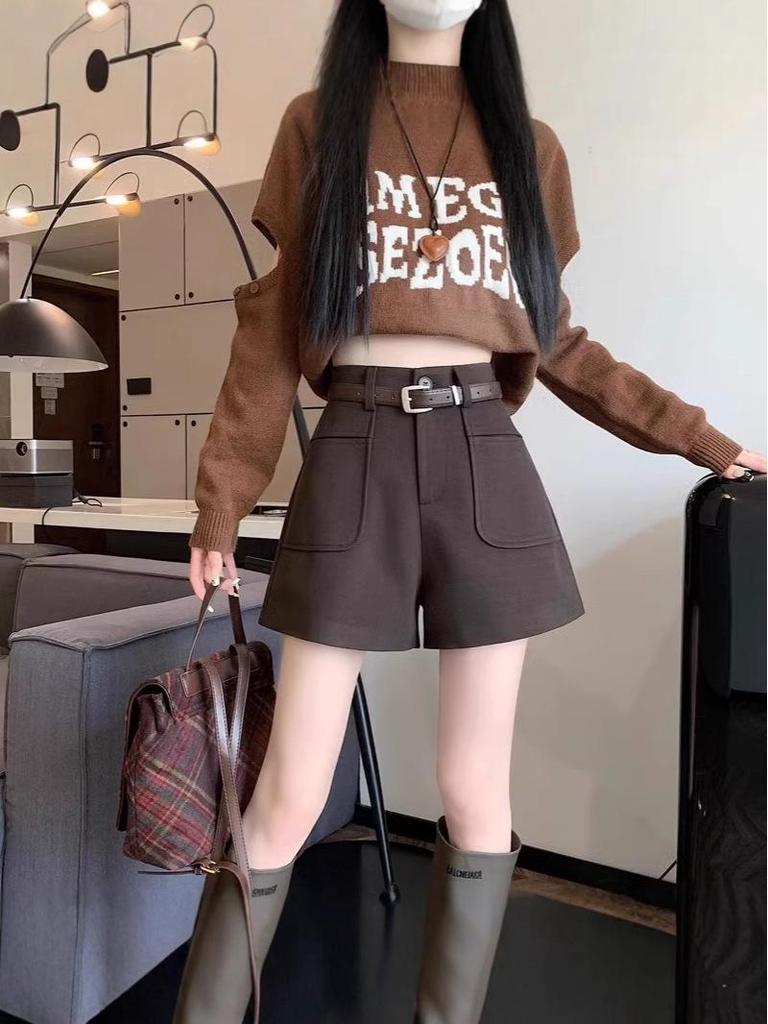 Petite Woolen Bootcut High Waist Wide Leg Pants - Autumn/Winter Casual Suit Shorts