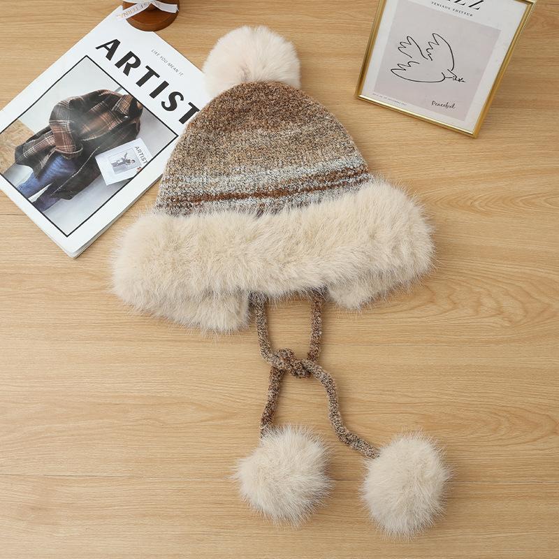 Winter hat women's retro knitted hat fleece thickened ear protection cold wool hat cute rabbit hairball thermal hat