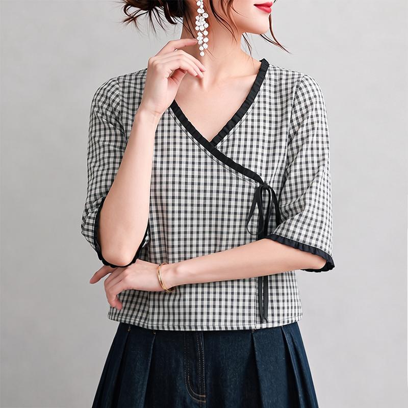 ZANZEA Women Casual Plaid Print V-Neck Loose Half Sleeve Blouse S