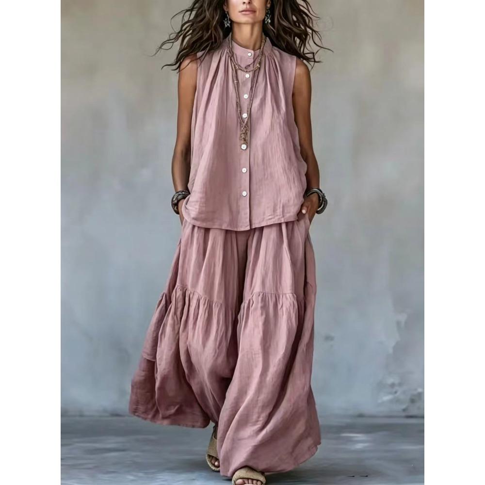 Completo Casual Estivo da Donna a Due Pezzi: Camicetta Senza Maniche con Bottoni e Pantaloni a Gamba Larga