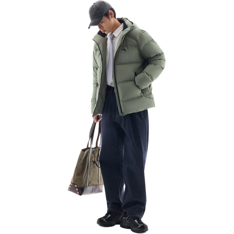 Anta Comfortable Casual Hooded Simple Zipper Down Jacket Men Outerwear Jinglin-Green 952447905-2