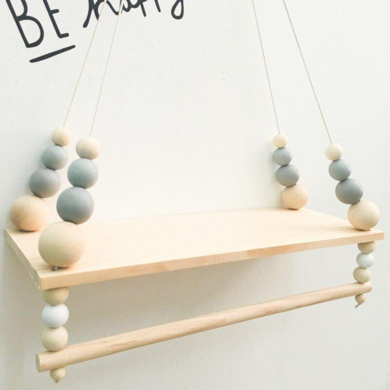 Nordic Style Wooden Beads Wall Hanging Shelf Swing Rope Floating Shelves Display Storage Rack Decor For Home, Office, Cafe