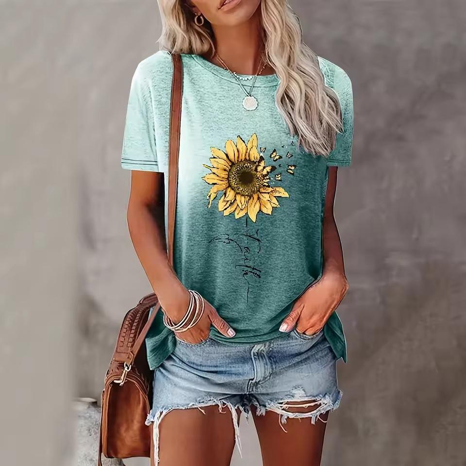 Summer Round Neck Short Sleeved Loose Top Casual 3D Flower Pattern Printed Women's T-shirts