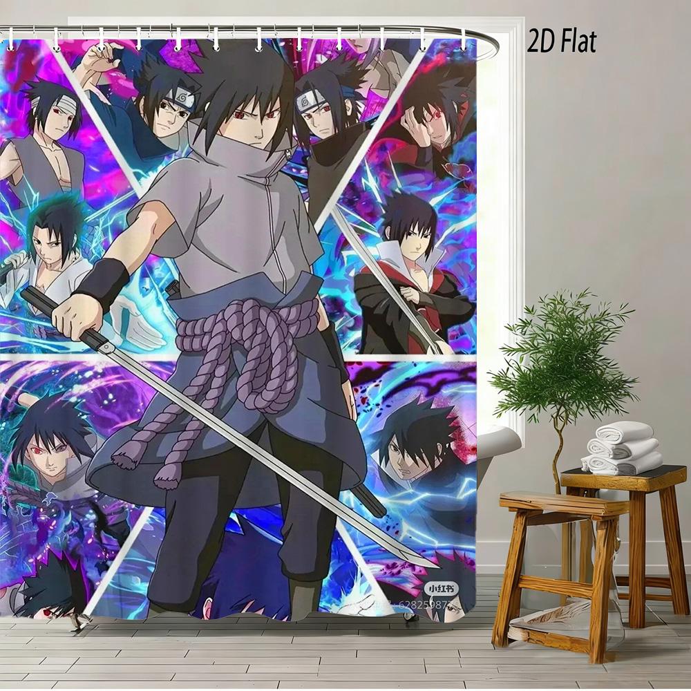 

2D Flat Naruto Anime Sasuke Uchiha Character Collage Print Waterproof Shower Curtain For Bathroom Decor W60H190(CM)-1 Pcs