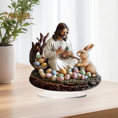 Easter Bunny Ornament 2D Flat Acrylic Table Decoration Jesus And Rabbit Colored Eggs Ornament with Base for Home Easter Party Decor