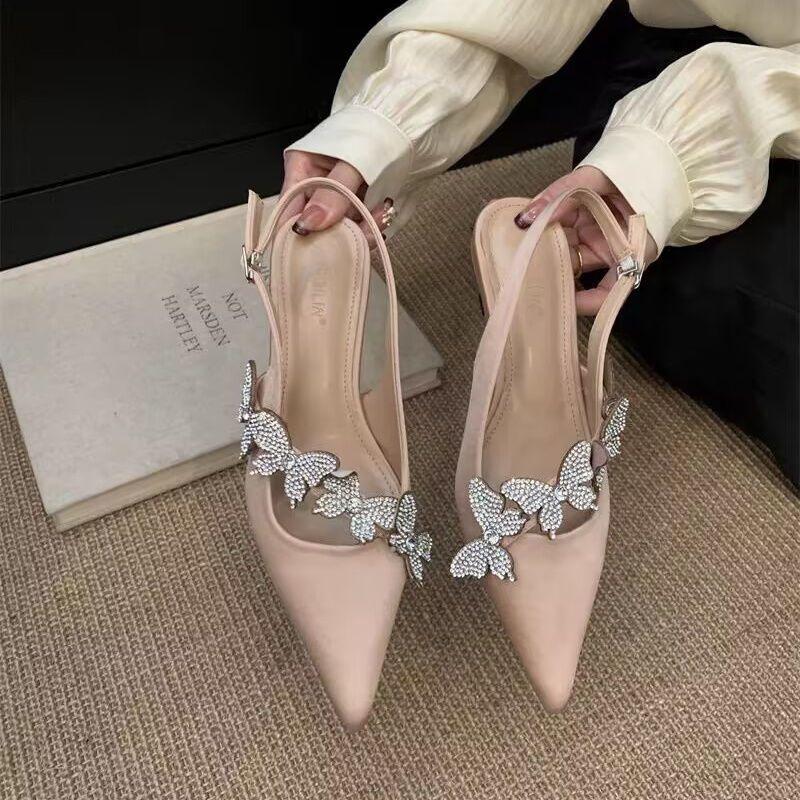 2025 Summer New Chinese Pointed Rhinestone Bag Head Sandals Women's Butterfly Satin High Heels Thin Heel One-word Strap Single Shoes