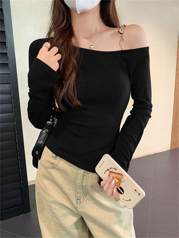 Women's Black Long-Sleeve 2025 One-Shoulder Top - Chic Autumn/Winter Design