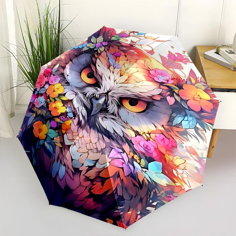 1pc Floral Owl Design Automatic Opening/Closing Umbrella with Foldable Design, Outdoor for Fans, Travelers, Daily Use, Perfect Gift for Festivals