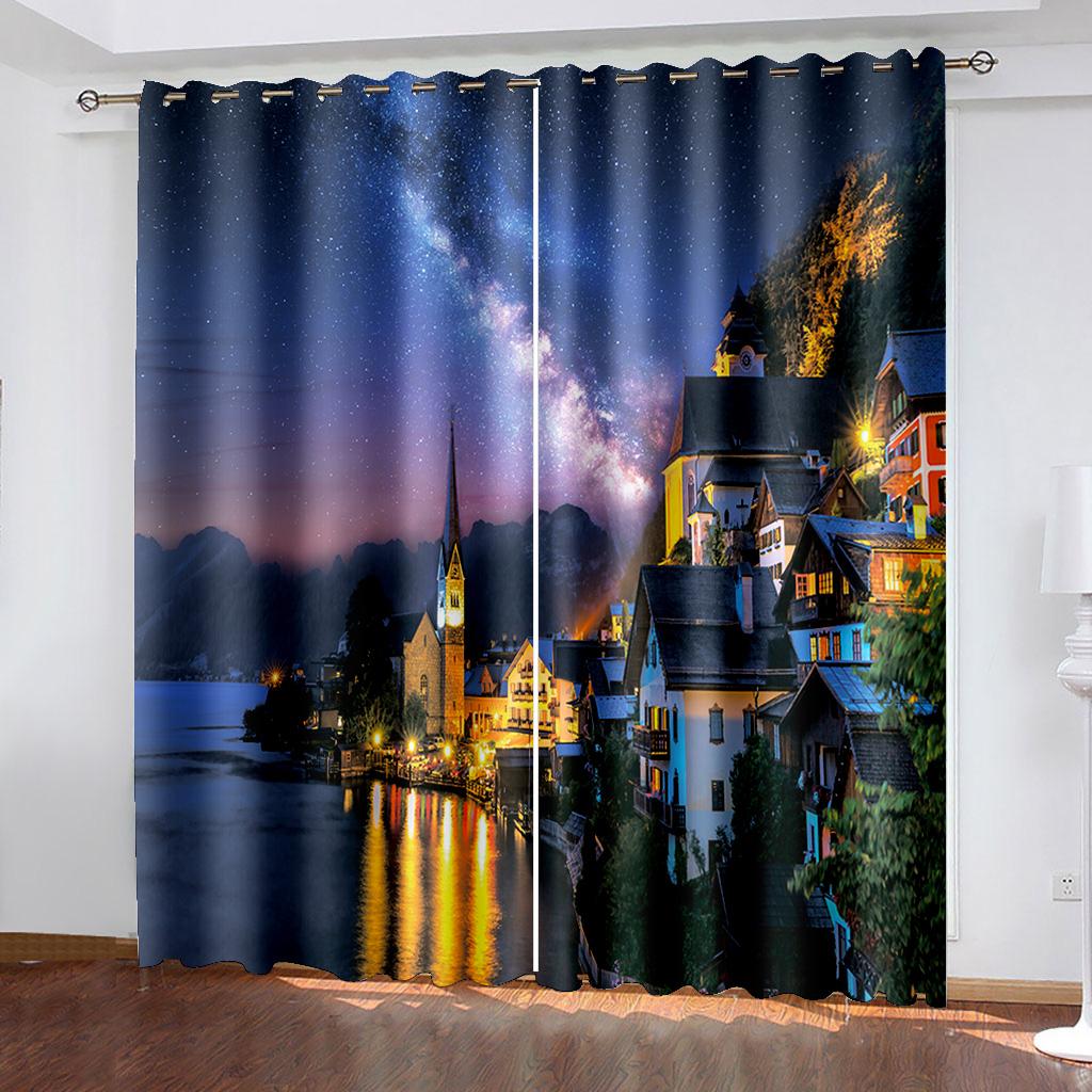 Evening Sea Island Iceberg City Landscape Curtain, Home Bedroom Living Room Shade Curtain, a Set of Two Pieces