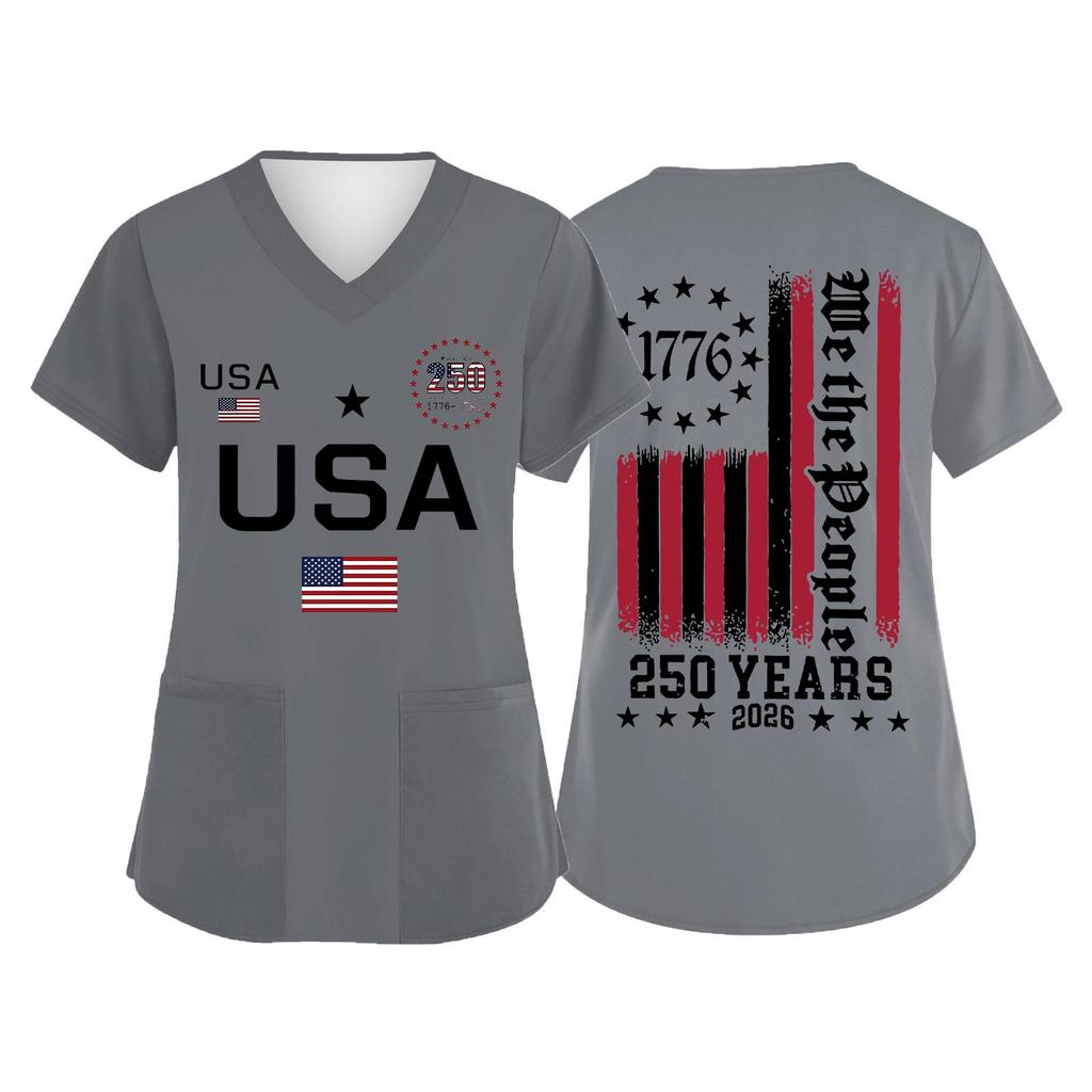 Women's V Neck Short Sleeve Work Shirt with Pockets USA Independence Day Print Medical Uniform Top for Caregivers and Healthcare Professionals