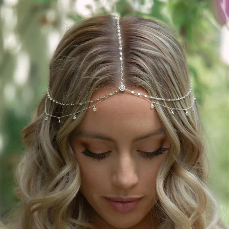 Elegant Crystal Head Chain Stylish Forehead Chain Jewelry Multilayers Tassels Rhinestone Hairpiece for Women Girls