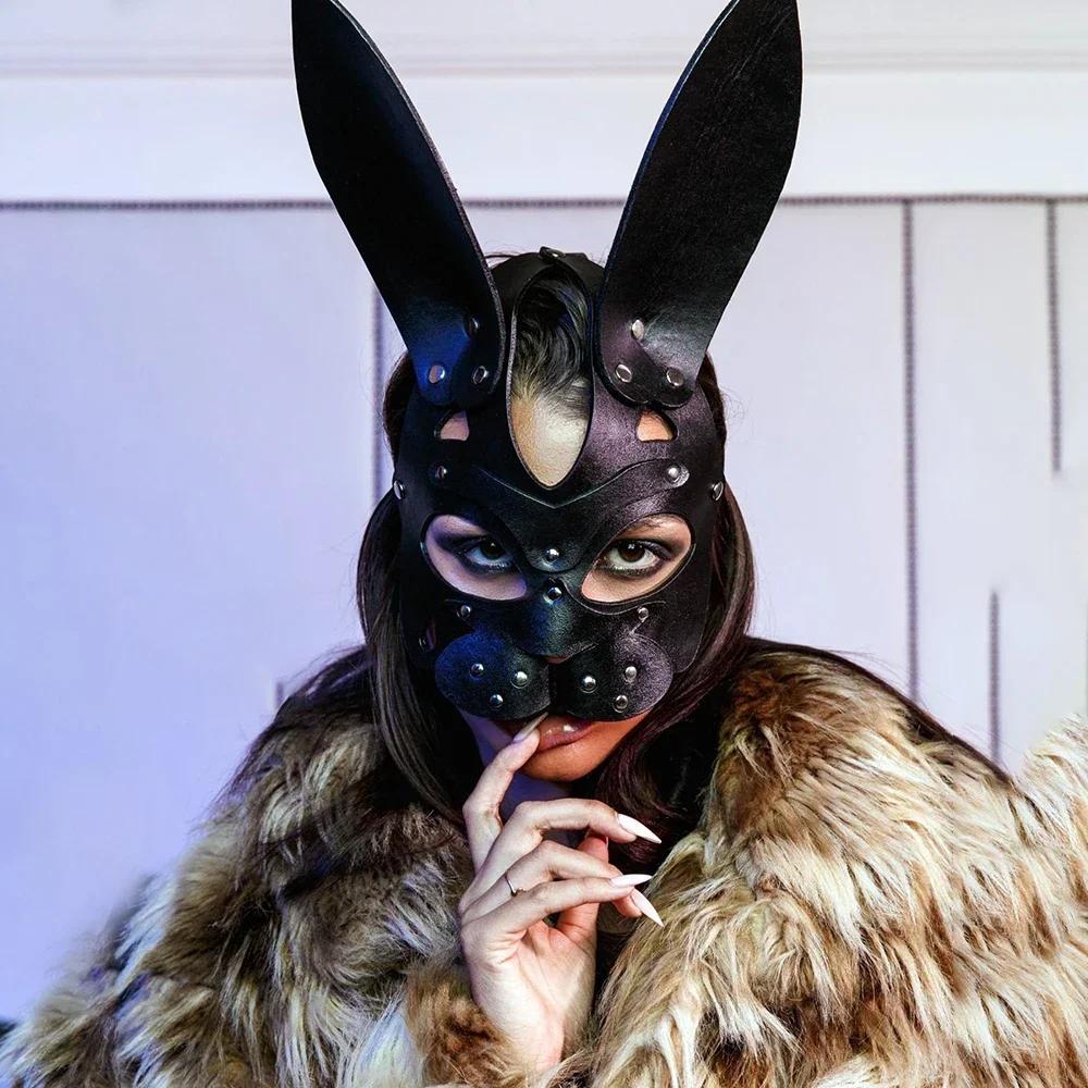 Maschera Sexy in Pelle Cosplay Bunny Girl Erotico Feticcio Maschera Rave Borchie Imbracatura Bondage Bdsm Festa di Halloween Maschera Gatto Donna Uomo