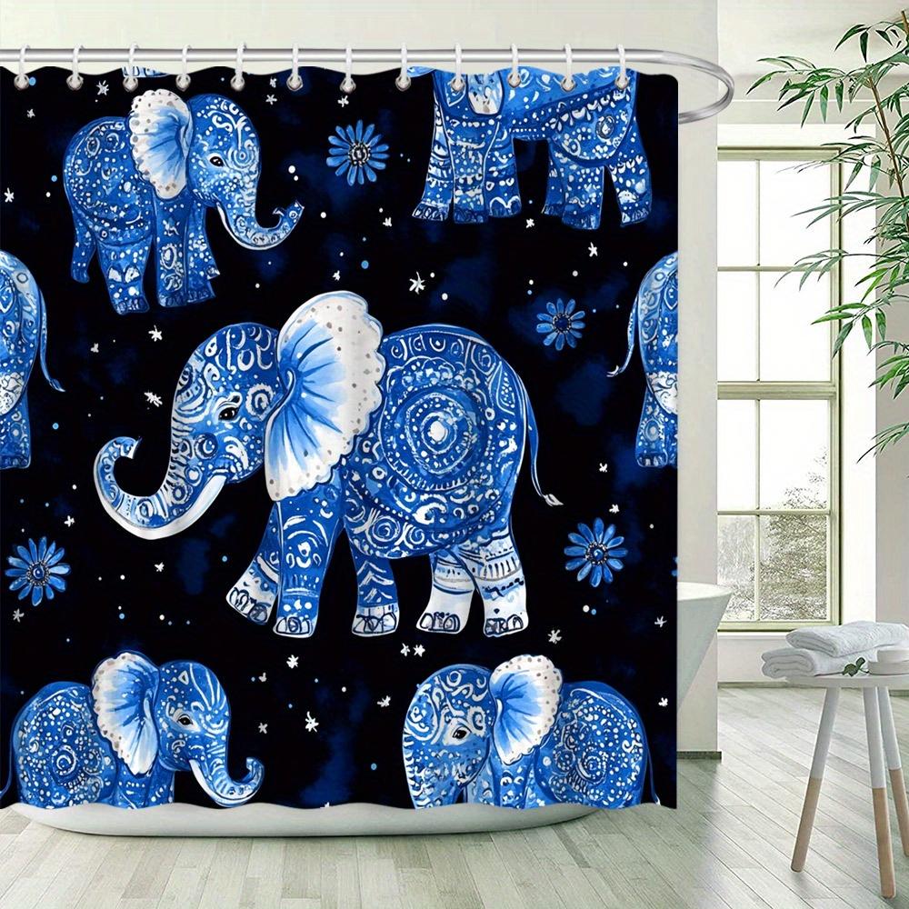 1Pc Whimsical Blue And White Mandala Elephants Shower Curtain With Starry Night Sky Design, Ornate 12-Hook Set, 70.8X70.8 Inches