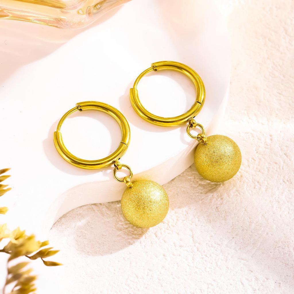 Frosted 10mm Round Bead Earrings for Women - Stylish European American Titanium Steel Ear Cuffs