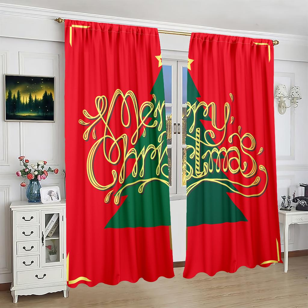 Set Of 2 Sheets Winter Christmas Tree Decoration Printed Curtains Polyester Material Suitable Bedroom Living Room Study Made Sitting Window Treatment