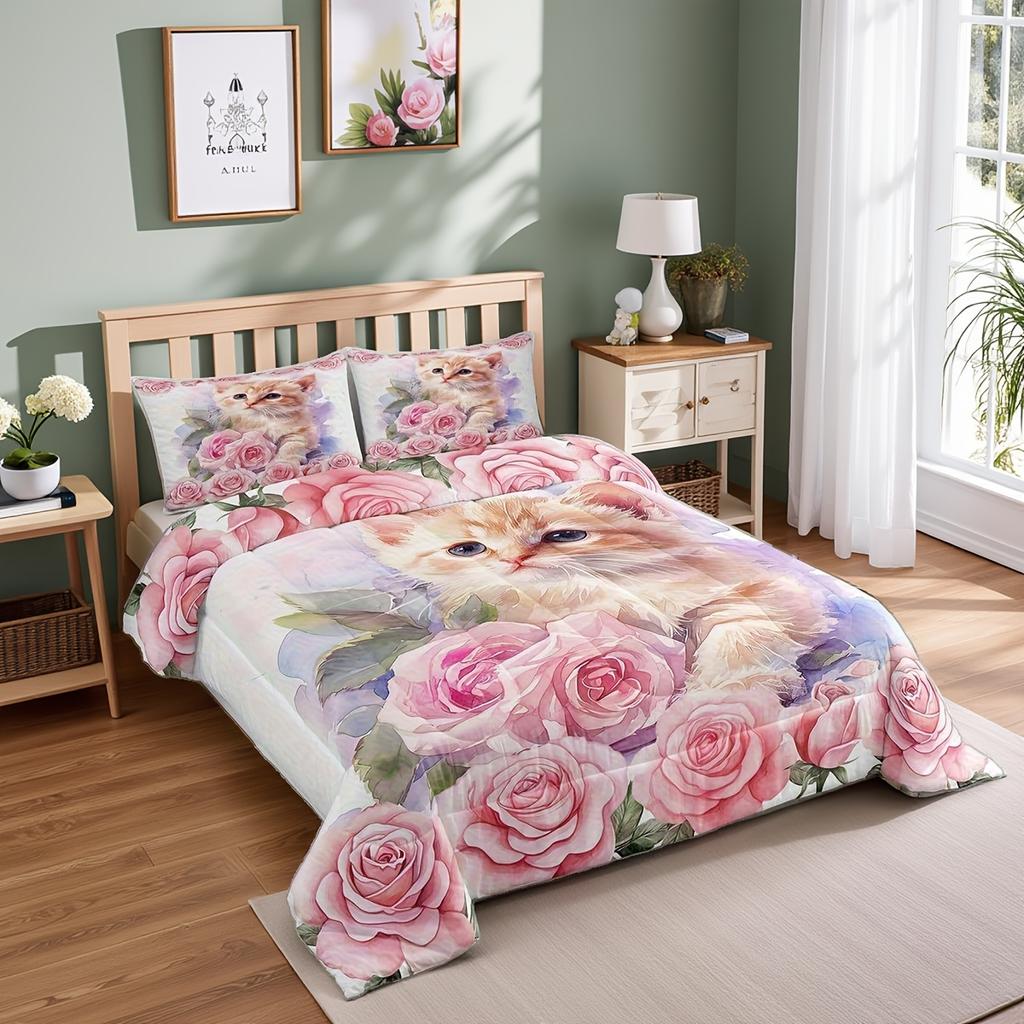Kawaii Rosa Katzenbettwäsche Set Einzel-/Doppel-/Queensize Floral Rosa Rosenblüten Bettdeckenbezug Set für Damen- und Mädchenzimmerdeko