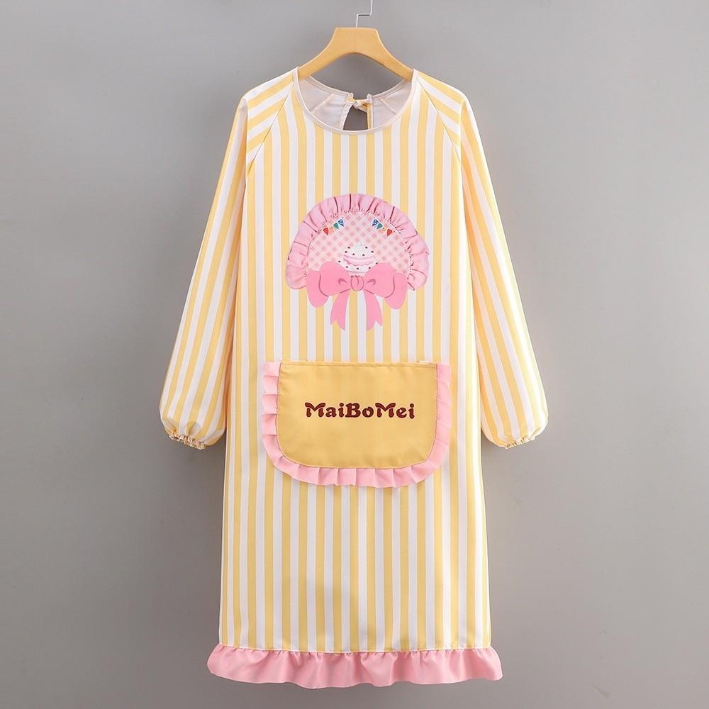 Polyester Cotton Dress Style Apron Oil-Resistant Stripes Kitchen Cover Up Waterproof Cute Bow Cake Working Clothes Kitchen Use