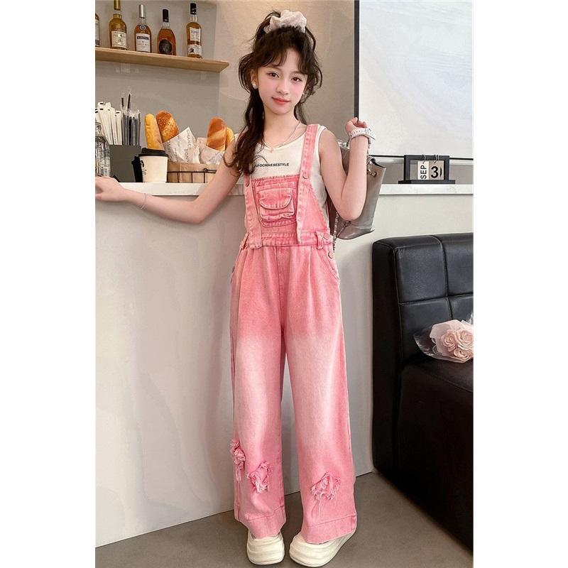  Kids Girls Denim Overalls Casual Wide Leg Star Embroidered Jumpsuit For Children