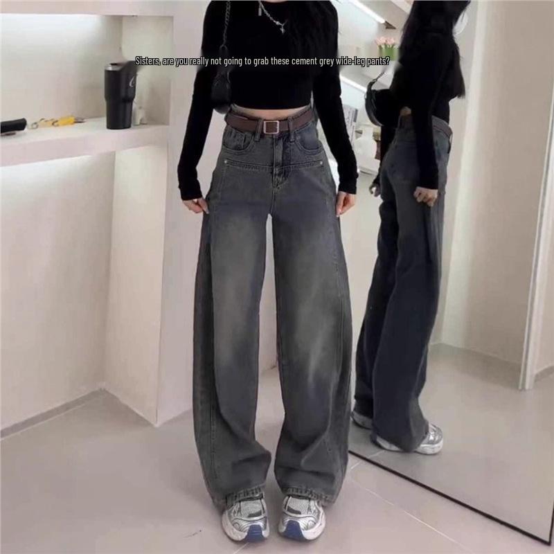 Plus Velvet Gray High-Waist Wide-Leg Jeans for Women - Floor-Length, Large Size, Autumn/Winter