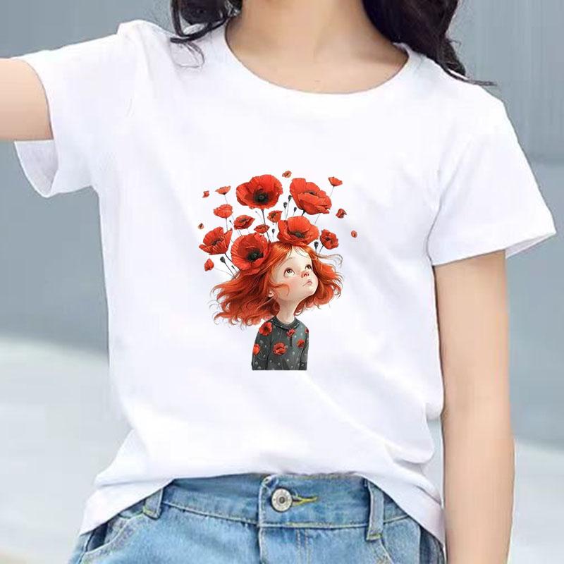 Kids Cotton T Shirt Red Flower Girl Print Crew Neck Short Sleeve Tee Casual Breathable Boys Girls Summer Tops