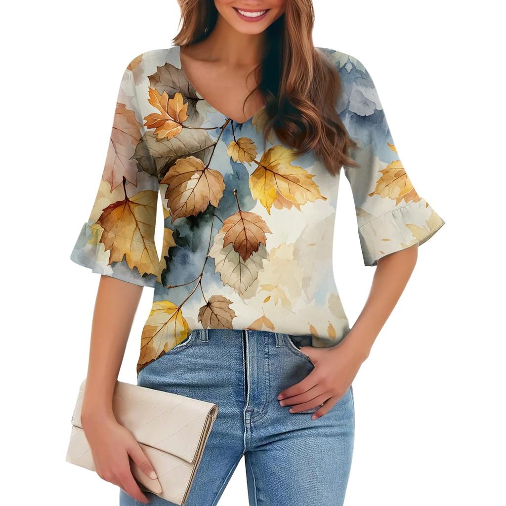 Damen Casual Fashion V-Ausschnitt Pullover Lose Pendeln Floral Fünf-Punkt-Ärmel T-Shirt Top
