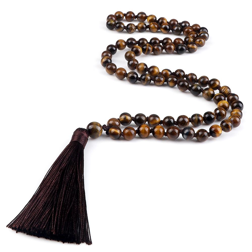 European 8mm Stone Bead Tassel Necklace and Multi-Strand Buddhist Bead Bracelet