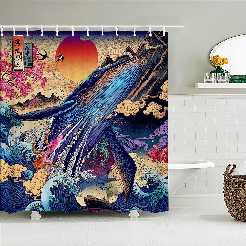 Waterproof Polyester Fabric Shower Curtain Japanese-style Waves Samurai Landscape 3d Printing Bathroom Decor Shower Curtains