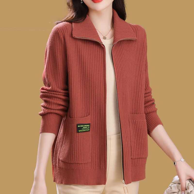 Dámský pletený kardigan zimní zateplený kardigan na zip Office ležérní kardigan