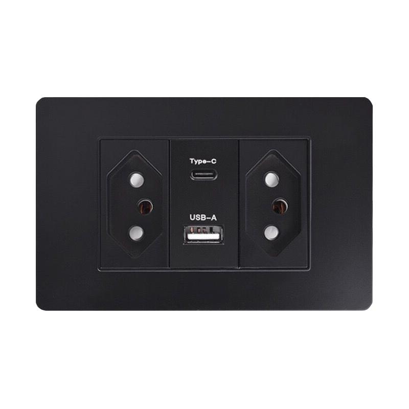 Brazil Standard 20A Wall Power Socket PD 3.0 20W Type-C Dual USB Fast Charge Outlet 118*75mm Flame retardant PC panel Usb Socket
