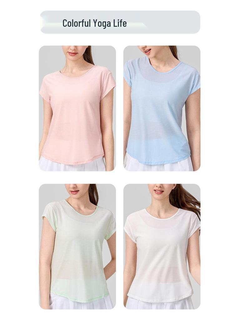 Damen Schnelltrocknendes Schlankmachendes Yoga-T-Shirt: Lockeres, kurzärmeliges Fitness-Überteil