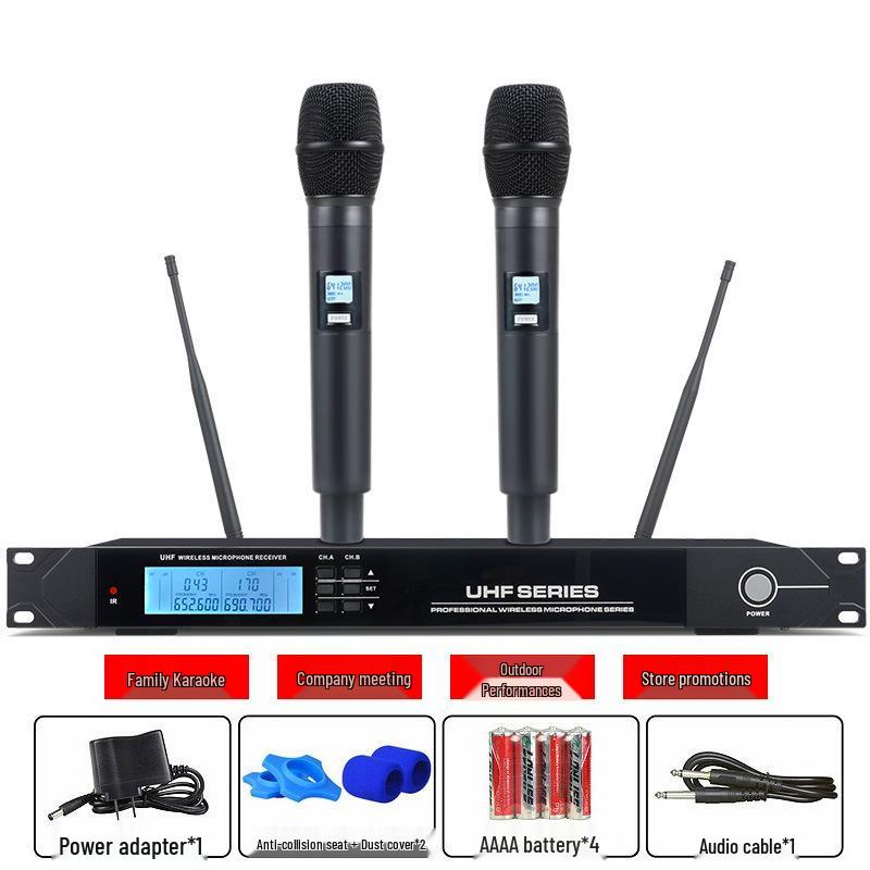 

Professional UHF Wireless Dual Microphone Set: Anti-Howling Handheld & Headset for Conferences, Performances, and KTV Standard Package