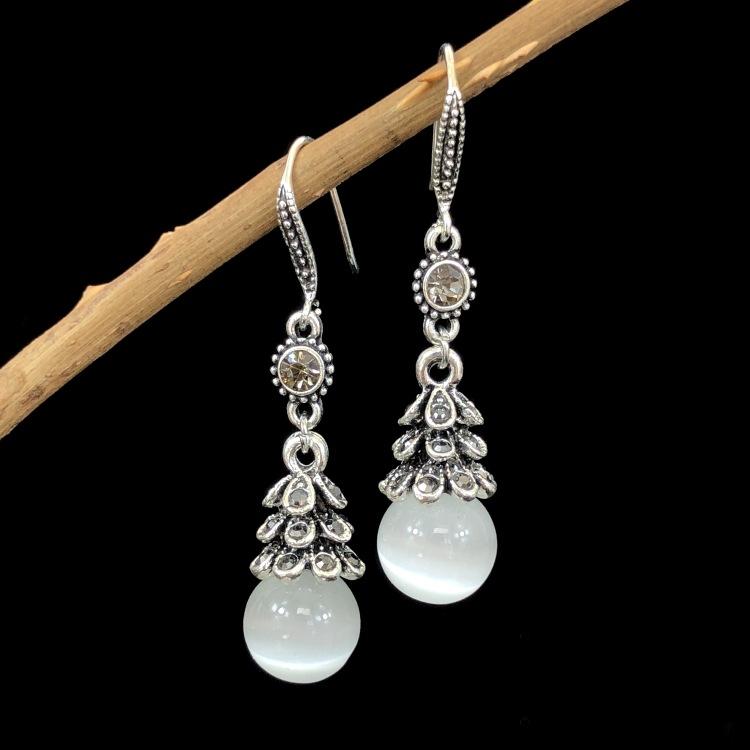 Ethnic style retro fashion agate earrings women's simple temperament opal diamond earrings versatile long ear jewelry