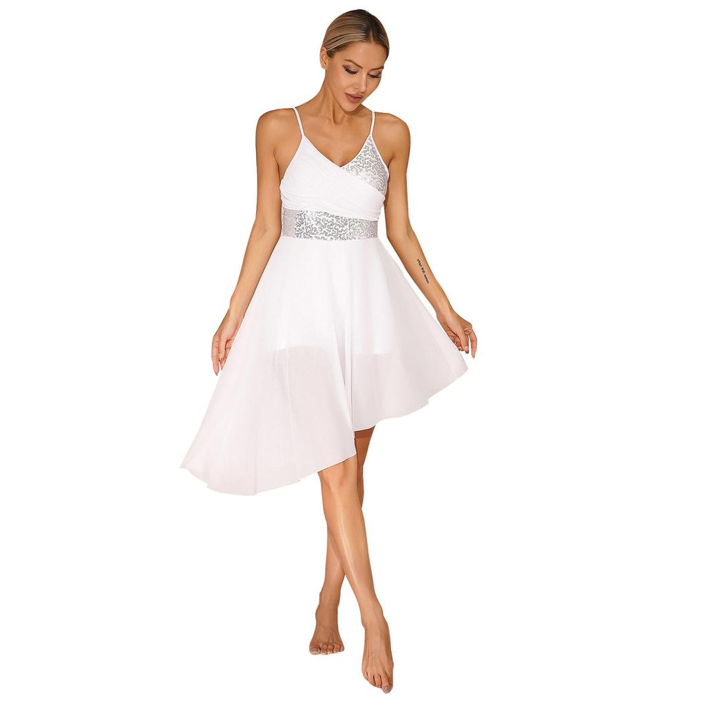 Women Lyrical Ballet Dance Dress Shiny Sequins Pleated Latin Gymnastics Leotard Tutu Performance Dancewear