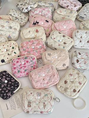 Cartoon Floral Quilted Storage Organizer Bag - Multifunctional Document, Card Holder, Key, and Coin Purse