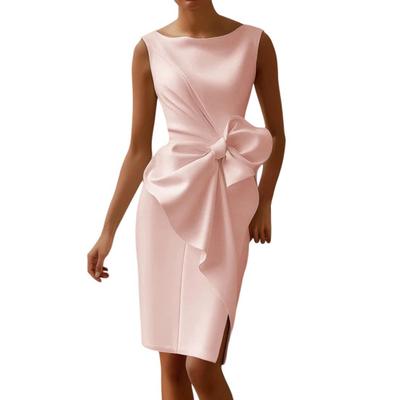 Ärmlös Bodycon-klänning för kvinnor, rynkad fluga, sidoslits, midiklänning, formell cocktailparty-arbetsklänning