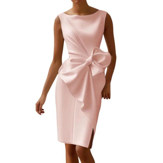 Women Sleeveless Bodycon Dress Ruched Bow Tie Side Slit Midi Dress Lady Formal Cocktail Party Work Dress