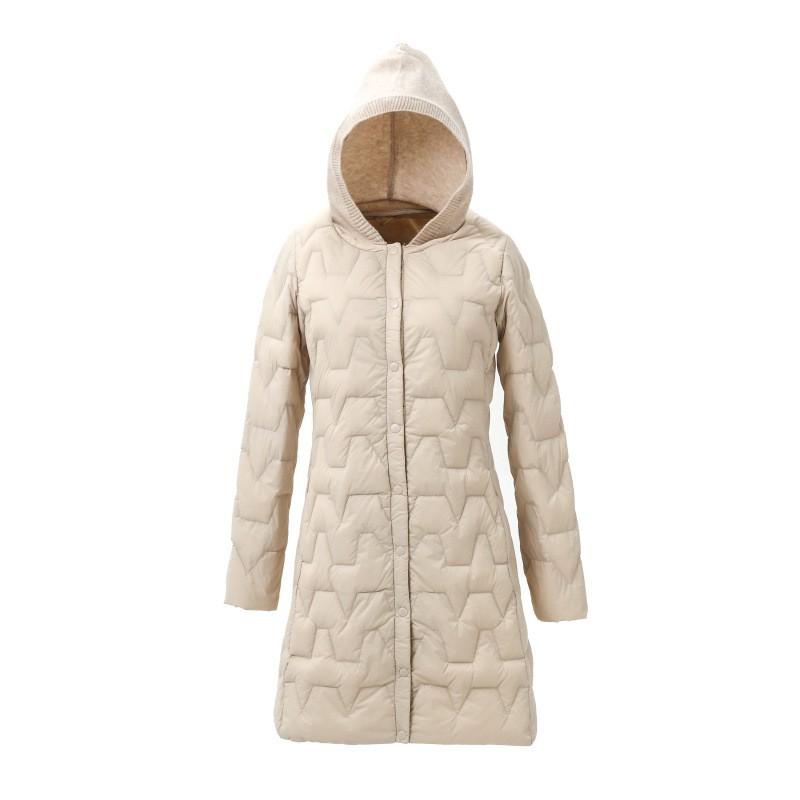 Womens Lightweight Hooded Down Jacket Mid-Length Knit Collar Casual Coat 2025