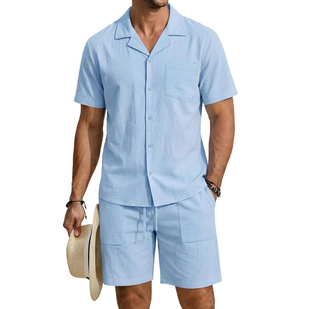 Men's Linen Short Sleeve Shirt and Shorts Set Casual Loose Fit Breathable with Pockets