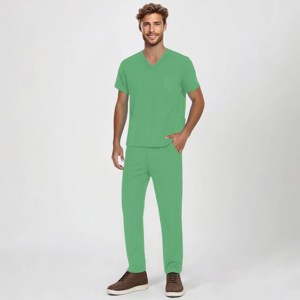 Men's Short-sleeved V-neck Solid Color Printed Breast Pocket Care Top Elastic Waist Trousers Two-piece Work Suit
