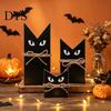 Solid Wood Craft 3 Pcs Halloween Black Cat Wooden Block Sign, Vintage Table Decoration Decorative Cutout with Burlap Rope, Rustic Farmhouse