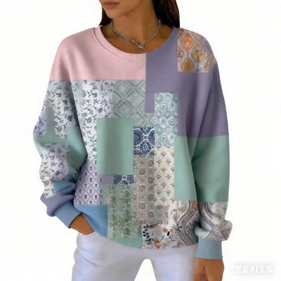 Spring Fashion Splicing Colors Women's T-shirt Casual Vintage Print Pullover Women Long Sleeve Clothing Outdoor Casual Tees Top