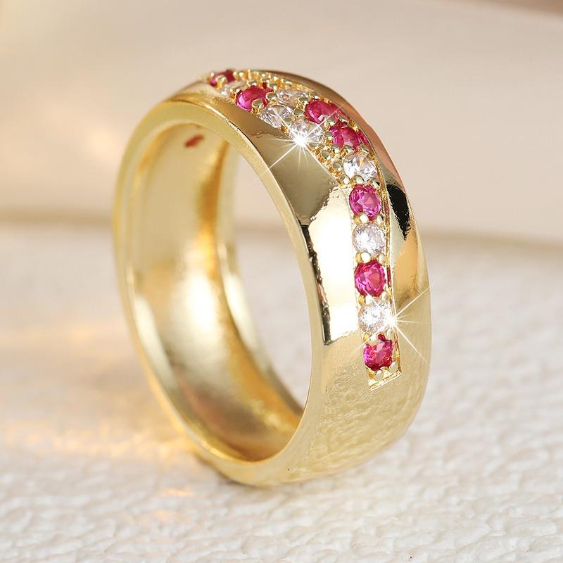 Aesthetic Inlaid White Red CZ Women's Ring Sparkling Gold Color Geometry Daily Wear Party Jewelry Anniversary Gift