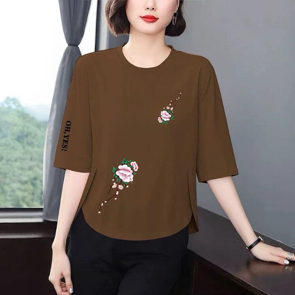 High-End Women's Printed 3/4 Sleeve T-Shirt - Loose, Flattering, Age-Defying Design for Middle-Aged and Elderly