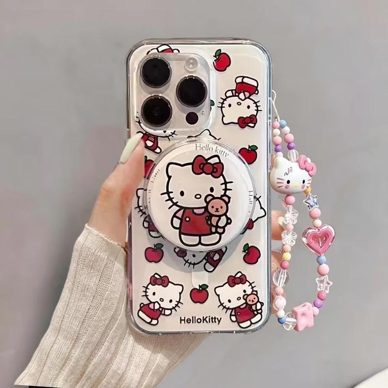 Magnetic Wireless Charging Hello Kitty Bracket Chain Case For Iphone 15 14 13 12 11 Pro Max 13 MINI XR XS Max 7 8 Plus SE Casing