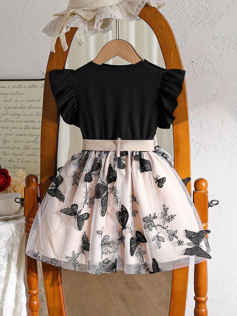 Spring/Summer 2026 Girls' Ruffle Sleeve Knit Pullover Dress for Small and Medium Children