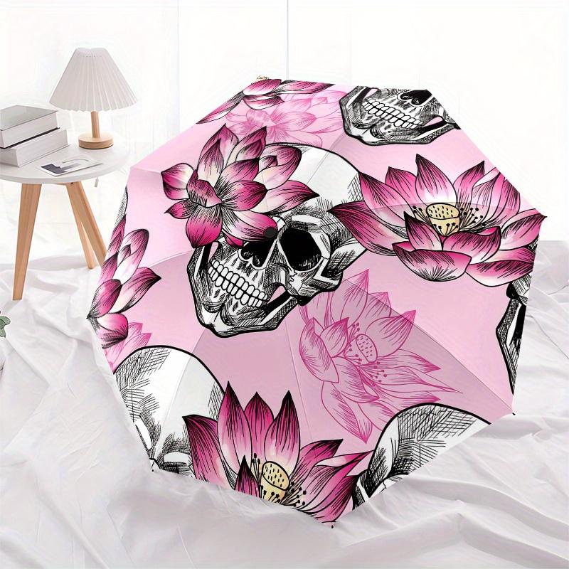 Skull & Lotus Flower Patterned Circular Umbrella, Portable 3-Fold Umbrella for Men & Women,Christmas Gift ES294